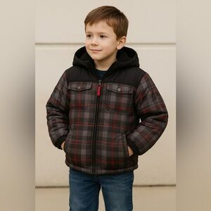 Arctic Quest Boys Puffer Jacket Plaid Gray/Red Size 8
